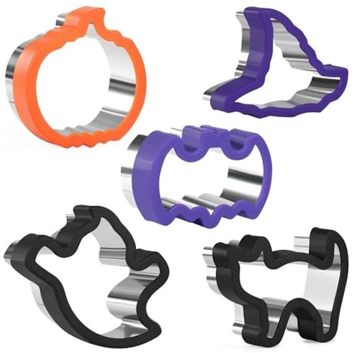Halloween Koekjessnijders Set - 5 Stuks Roestvrijstaal met Comfortabele Grip voor Pompoen, Vleermuis, Geest, Kat en Tovenaarshoed