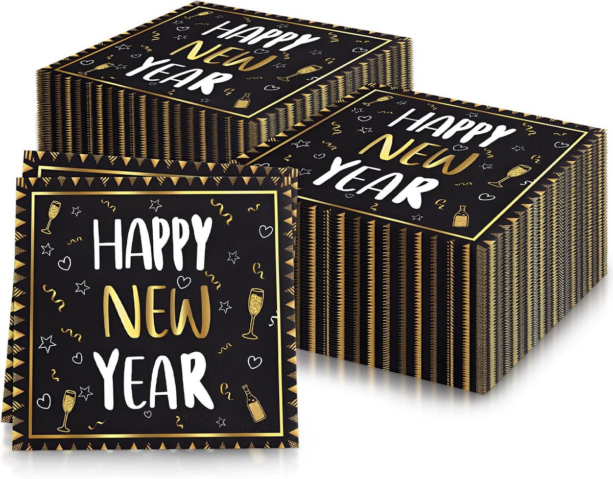 Zwart Gouden Servetten voor Gelukkig Nieuwjaar - 20 Stuks