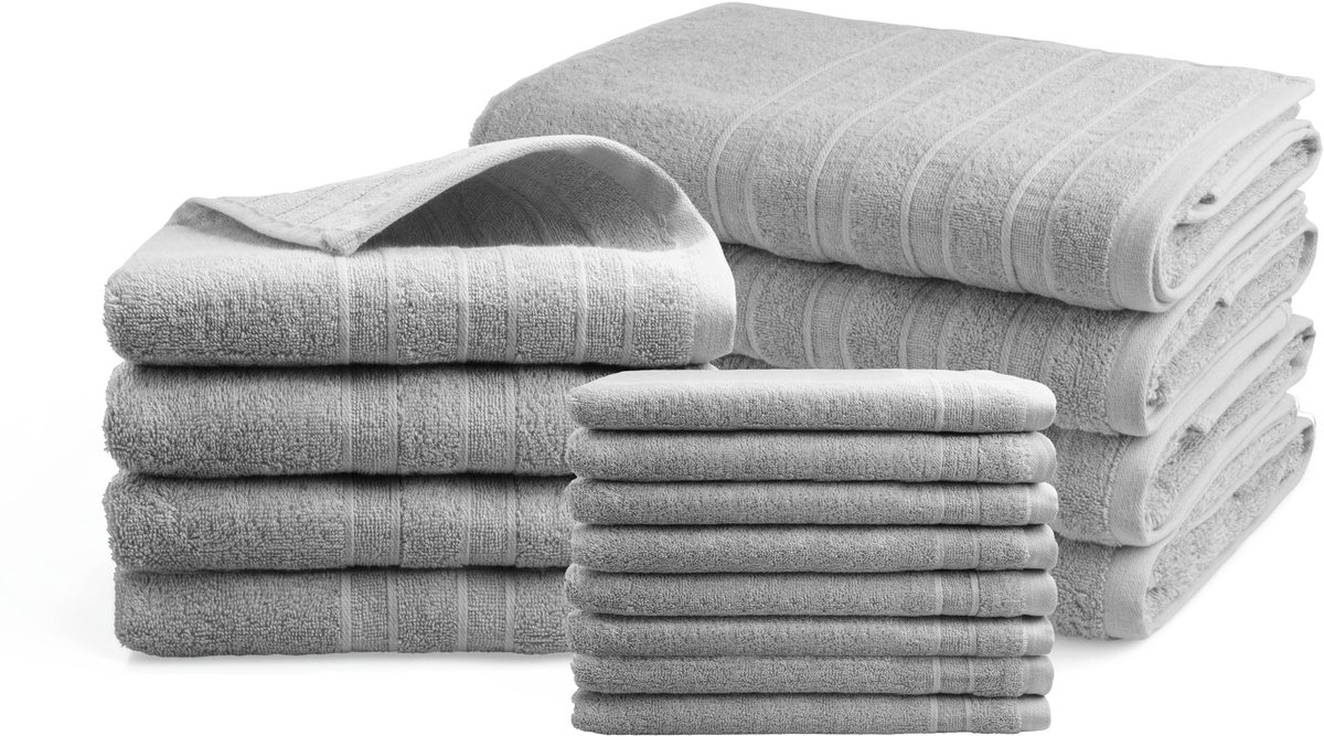 DoubleLife Handdoeken 16-delig Set - 100% Katoen, waarvan 50% Gerecyclede Katoen - GRS Gecertificeerd - Sandy Grey