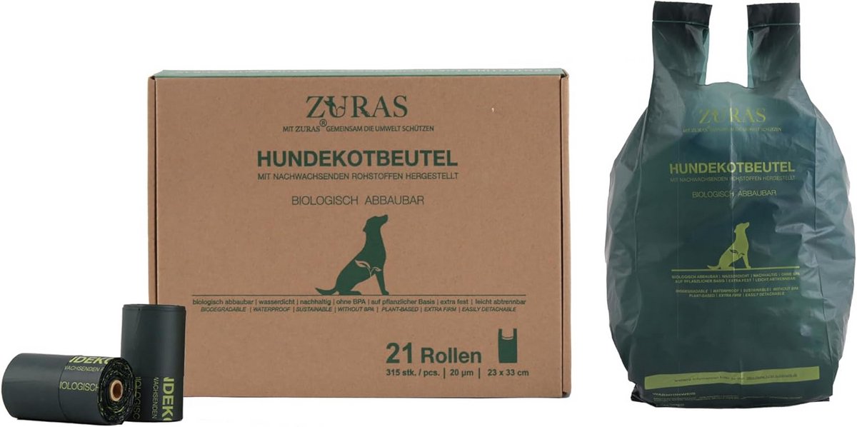 Biologisch afbreekbare hondenpoepzakjes met handvat - 315 zakken, 21 rollen, extra dik en waterdicht