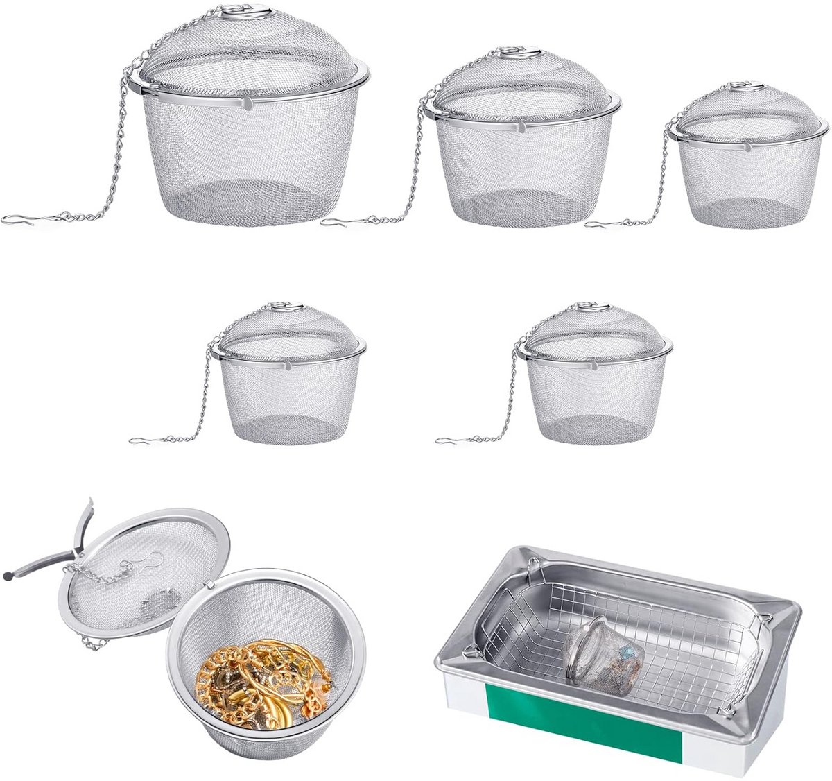 5 Stuks Ultrasonische Reinigingsmandjes Rvs Voor Sieraden En Keukenaccessoires