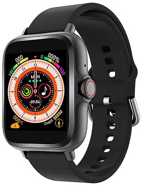 Zwarte smartwatch met een kleurrijk scherm dat hartslag, tijd, stappen en muziek toont.