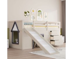 OKWISH Hoogslaper 90x200cm - Laag Hoogslaper Met Glijbaan - Met 3 Laden En 2 Deuren - Voor Kinderkamer - MDF;Grenen - Crème - Zonder matras