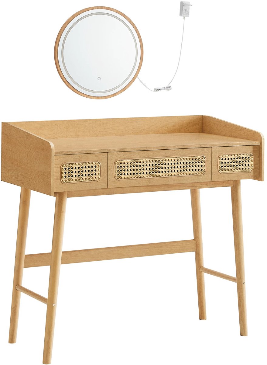 Smyl. Kaptafel - Make Up Tafel - Kaptafel met Spiegel - Met Verlichting, 3 Standen - Rotan Stijl - 43 x 90 x 82 cm - 3 Lades - Slaapkamer Hout