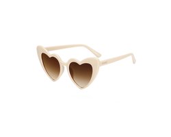 KIMU® Zonnebril Hartjes Cat Eye - Creme Wit Montuur - Bruin Gradient Glazen - Vintage Seventies Hippy Retro Love Halloween