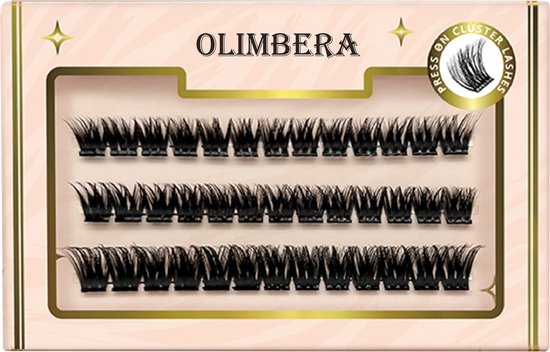 Verpakking met 3 rijen valse wimpers, merk OLIMBERA, met druk op clusterwimpers.