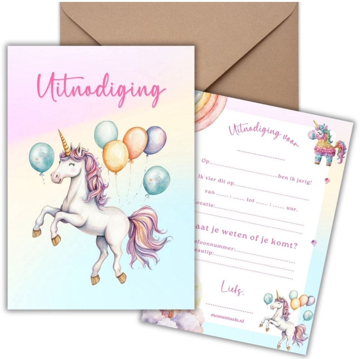 Uitnodiging Kinderfeestje 10 Kaarten + Enveloppen - Unicorn Ballon - Eenhoorn – Jongen & Meisje – Uitnodigingskaarten - Beschrijfbaar – Verjaardag Kind