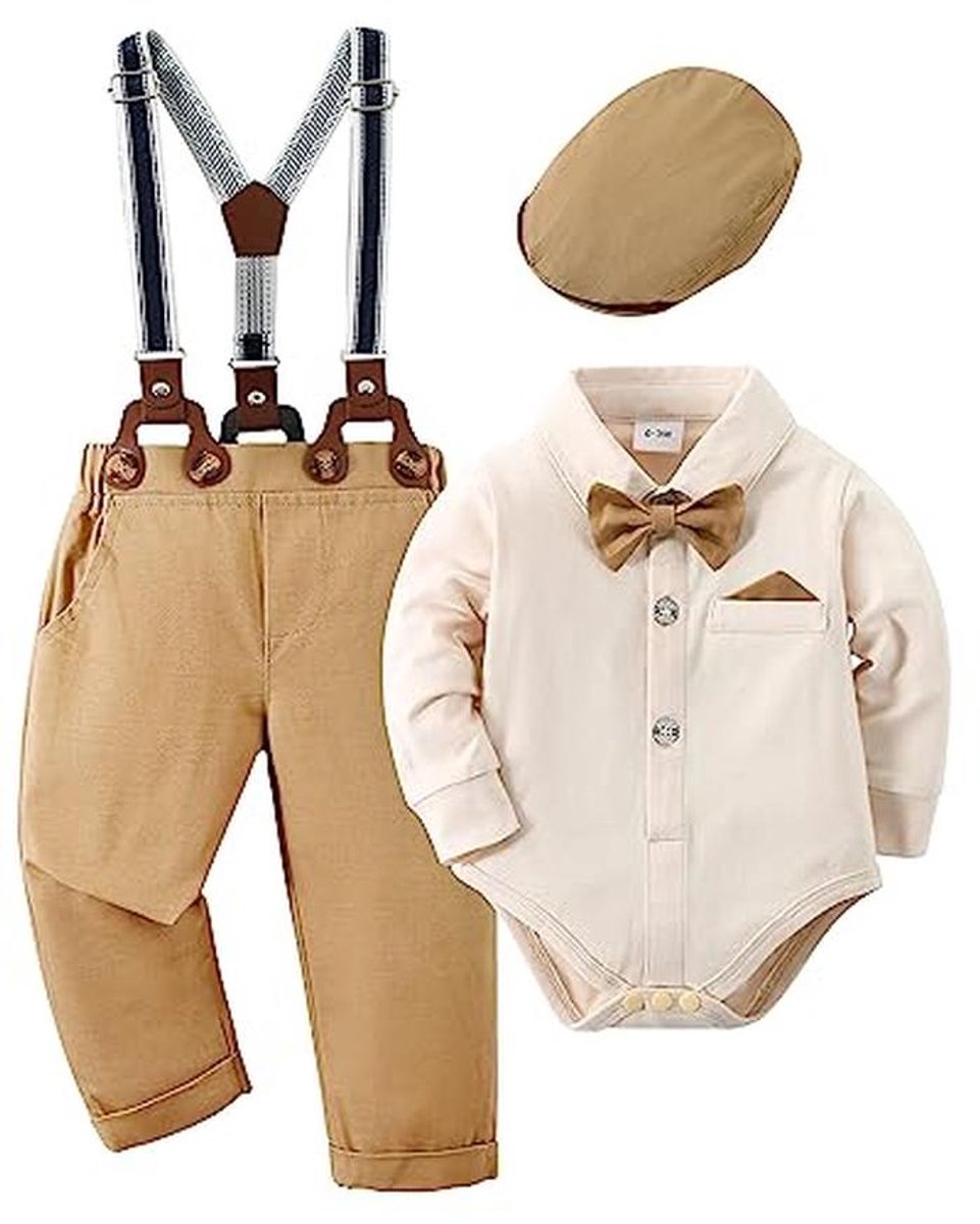 Baby Jongens Tuxedo Set - Romper met Lange Mouwen, Suspenders en Stropdas Outfit 0-18 Maanden