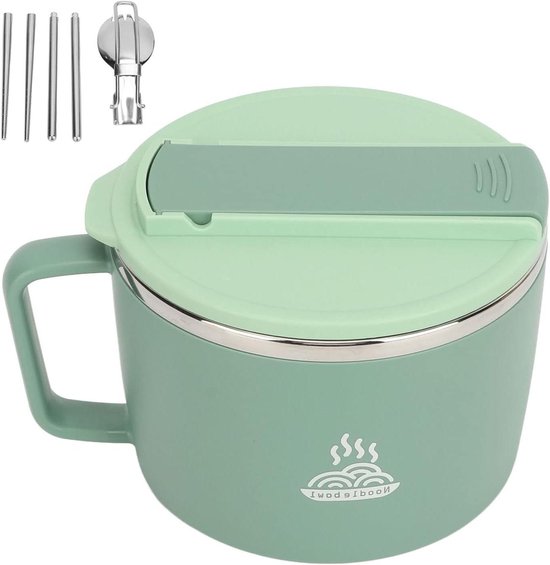 Ramen bowl keramische set (4 stuks) met lepel eetstokjes, 1100 ML grote soepkom, slakommen voor soep, pho en sushi bowl (Groene kom set