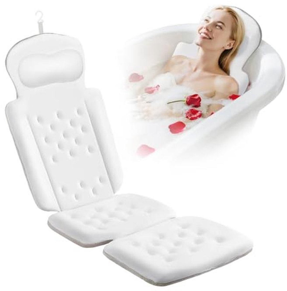 Luxe Full Body Badkussen met 192 Zuignappen voor Hoofd- en Neksteun - Wit (129,5 x 40,6 cm)