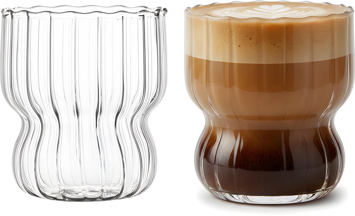 Vamora Tavri - Koffie Glazen - Thee glazen - Latte macchiato glazen - Matcha - Geribbelde glazen - cappuccino - transparant - set van 2 stuks - 300 ml
