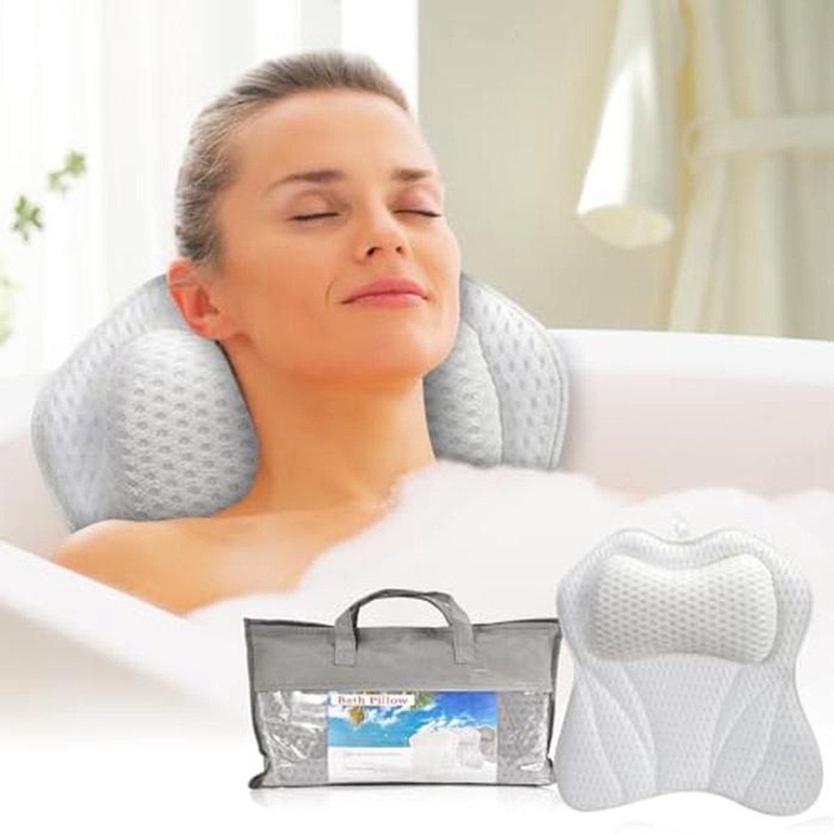 Ergonomisch Luxe Badkussen met Zuignappen voor Hoofd, Nek, Schouder en Rugsteun