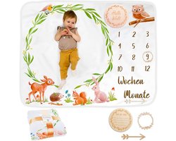 Mijlpaaldeken voor baby's in het Duits - Maanddeken voor jongens en meisjes, uniseks - Motief Bos en Bosbouw - Gepersonaliseerd Cadeau voor Pasgeborenen - Babydeken met Houten Fotolijst
