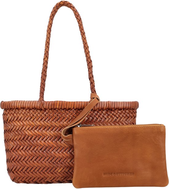 Hide & Stitches Amazone Shopper - Schoudertas - Gevlochten - Leer - Medium - Leren Dames Tas - Cognac