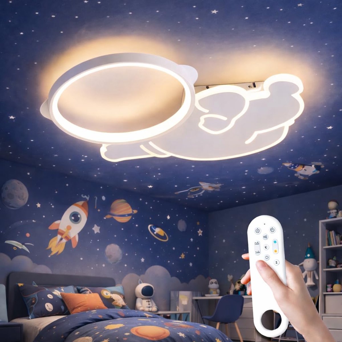 Epochglo LED Plafondlamp Kinderkamer - Astronaut Design 49cm - Ruimtevaart Thema - 38W 3800LM - Dimbaar (3000K-6000K) - Afstandsbediening, Nachtlampje & Timer - Modern Slaapkamerlamp voor Jongens & Meisjes