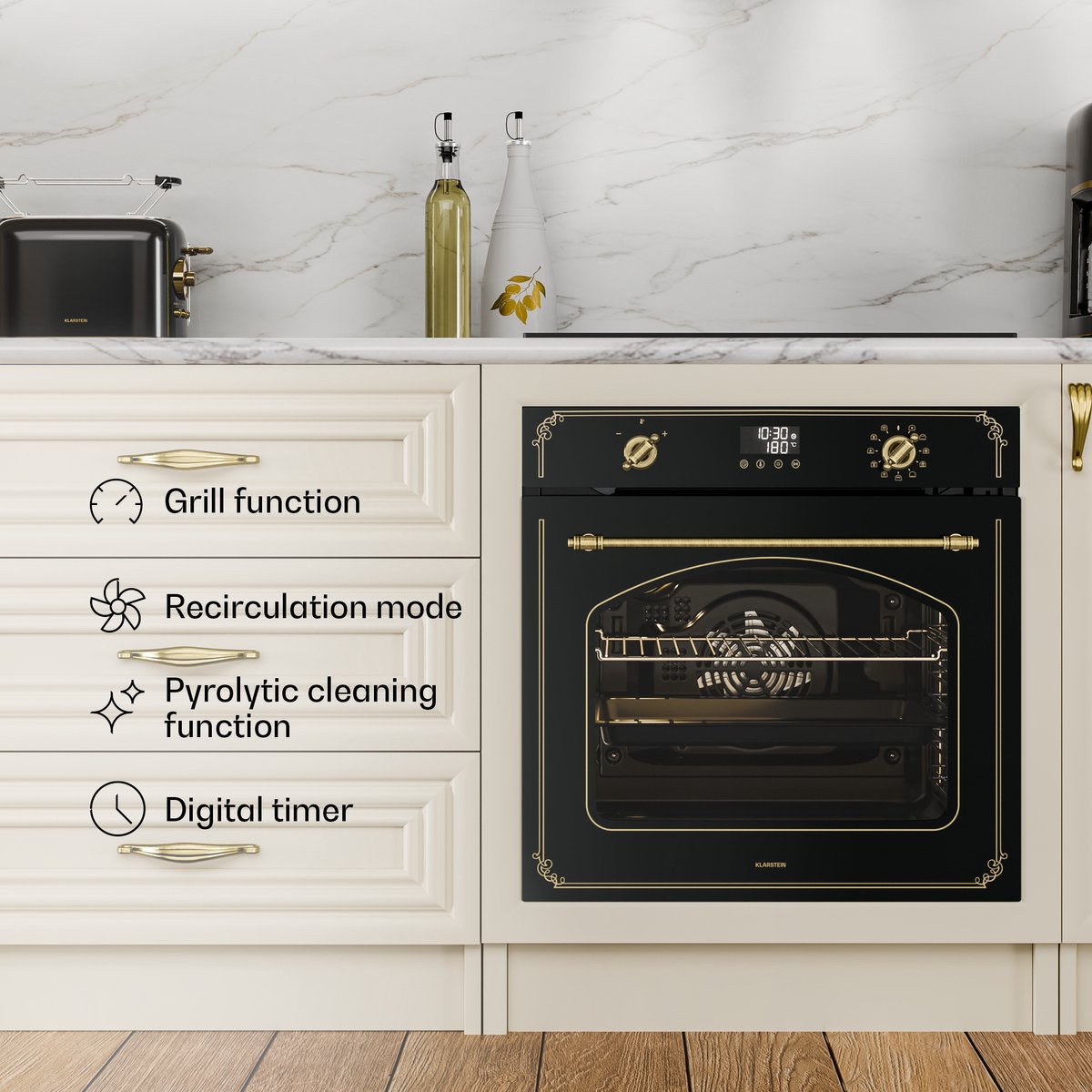 Klarstein Inbouwoven Victoria Pyro elektrische oven - 76 liter , retro design, 11 standen, pyrolytische reiniging, geëmailleerde binnenkant, viervoudige beglazing, energieklasse A, geïntegreerde enkele oven, zwart - voor Keuken - Pyrolyse – foto 8