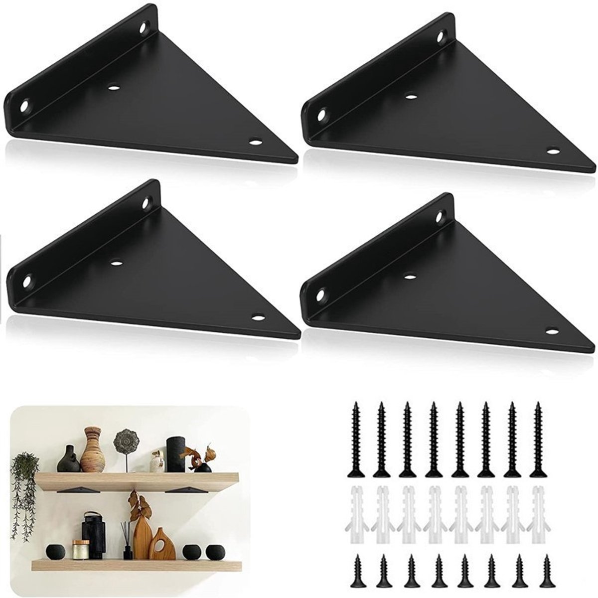 4-delige zwarte plankdragerset van 130 x 170 mm voor verborgen beugels van zwevende houten planken - schroeven inbegrepen