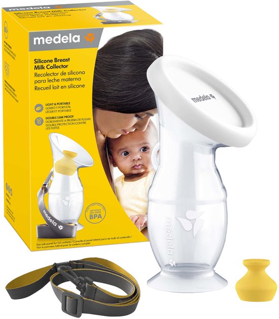 Medela siliconen melkcollector, met nekkoord en gele stopper. Doos met afbeelding van moeder en baby.