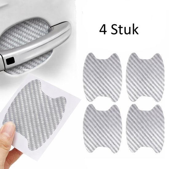 Vier zilverkleurige koolstofvezel autodeurklink beschermfolies, 4 stuks.