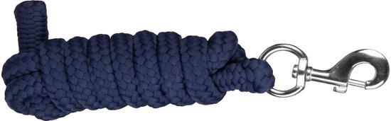 Donkerblauw gevlochten halstertouw met zilveren clip.