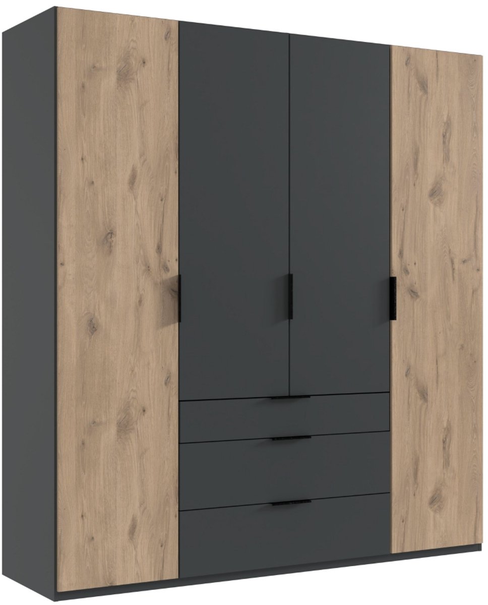 Kledingkast Almera - Spaanplaat - Grafiet/Eiken - 200x216x58 cm (BxHxD) - Draaideuren - 3 Lades