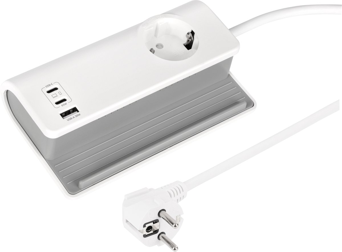 Q-Link stekkerdoos - 1-voudig - randaarde/dock - 3 x USB A/C - PD65W - wit/grijs