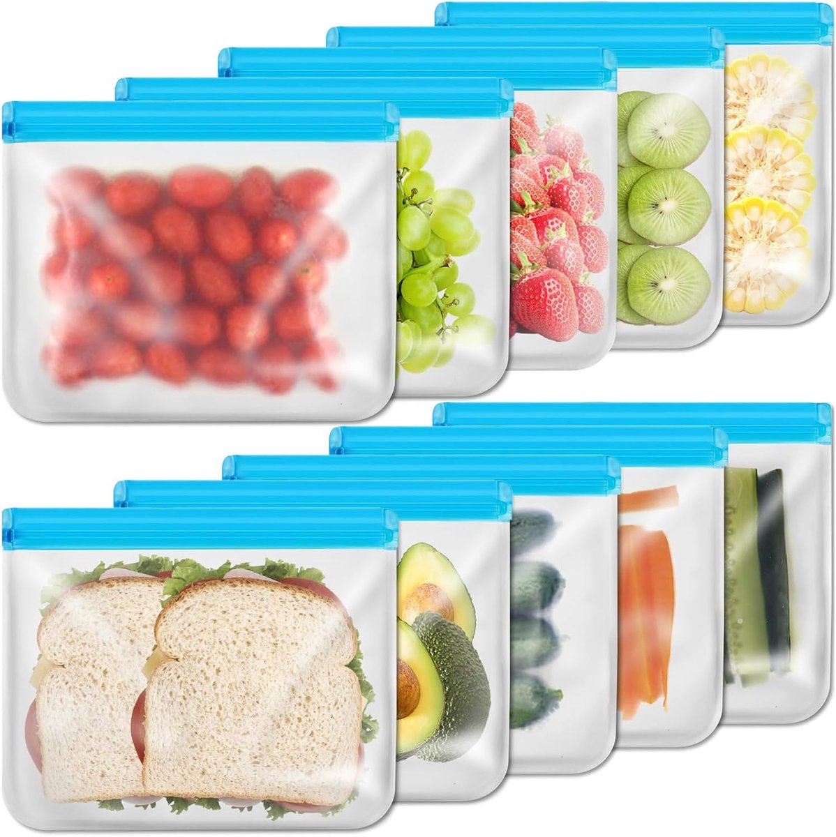 10 stuks - Siliconen Vershoudzakken - Vershoudzak - broodzakken - Boterhamzakjes Herbruikbaar - Vaatwasser - Diepvrieszakken - Lekvrij - Bewaarzakjes - Duurzaam - voor salade, fruitreis en marineren van vlees, ontbijtgranen, lunch, groenten - Blauw