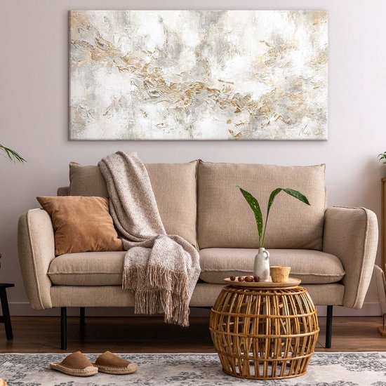 YS Peinture "Histoire" - Tableau sur toile peint à la main 100x50 cm - Décoration murale Abstraite - Beige et or - Moderne - Décoration murale salon - Décoration chambre - Accessoires de chambre - Tableaux abstraits sur toile - tableau salon