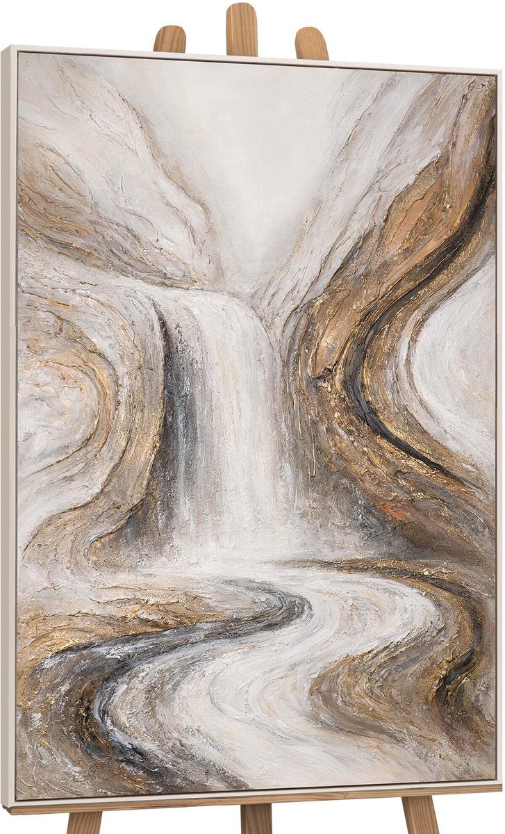 YS Canvas schilderij handgeschilderd waterfall of dreams abstract – YS-Art Gallery – Luxe wanddecoratie voor woonkamer – Modern schilderij voor slaapkamer en hal Beige