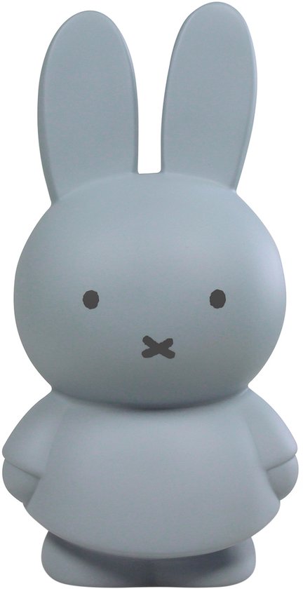 Grijze Miffy spaarpot met zwarte mond en ogen, op witte achtergrond.