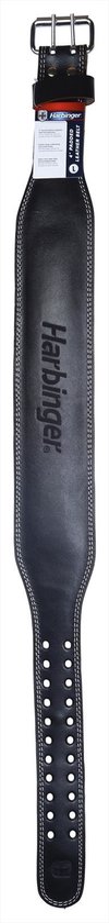 Zwarte Harbinger leren gewichthefband met stiksels en logo, met een productlabel.