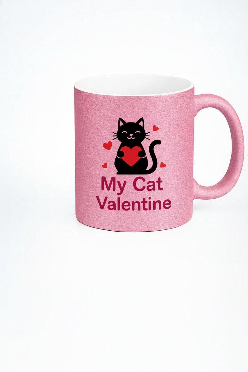 Roze Glitter Mok 'My Cat Valentine' - Zwarte Kat met Hart - Valentijnscadeau