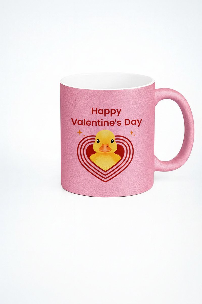 Roze Glitter Valentijnsdag Mok met Lief Eendje en 'Happy Valentine's Day' Tekst