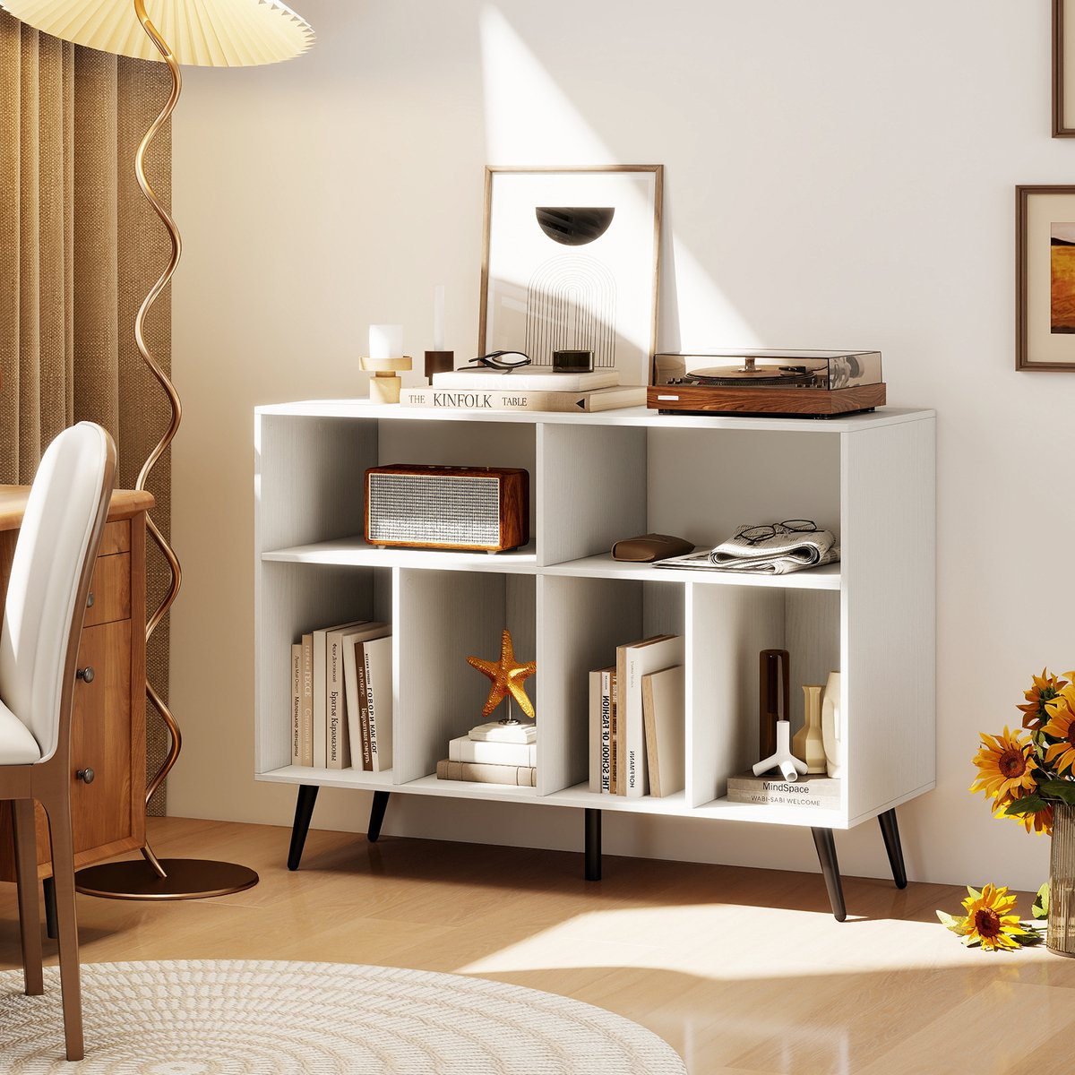 COSTWAY Draaitafel standaard 3-traps draaitafel kast met vinyl opbergplanken, opbergtafel voor vinylplaten, opberghouder voor woonkamer, muziekkamer (wit) thumbnail 4