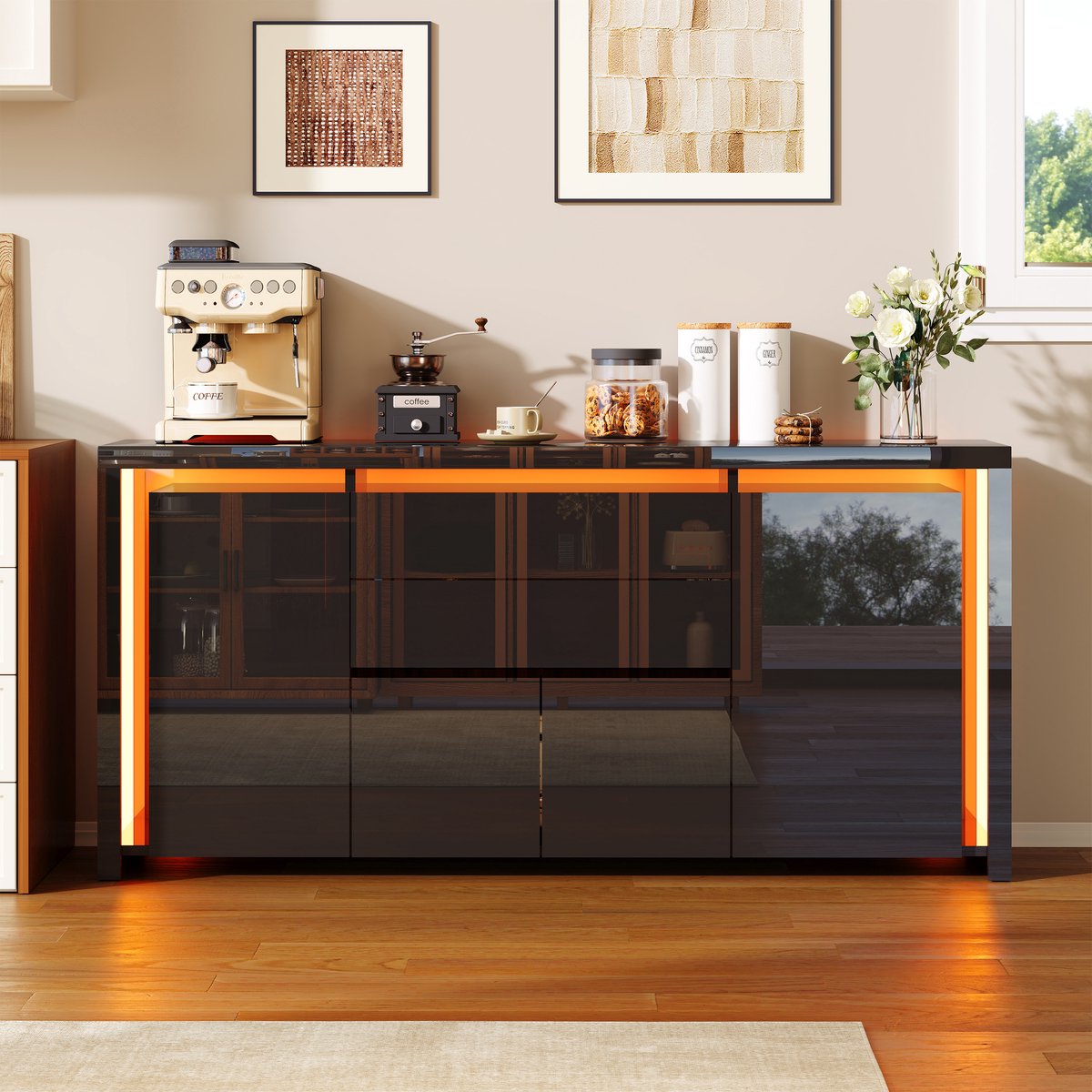 Modern Hoogglans Dressoir met LED Verlichting – Sideboard & TV-Meubel met Lades en Deuren