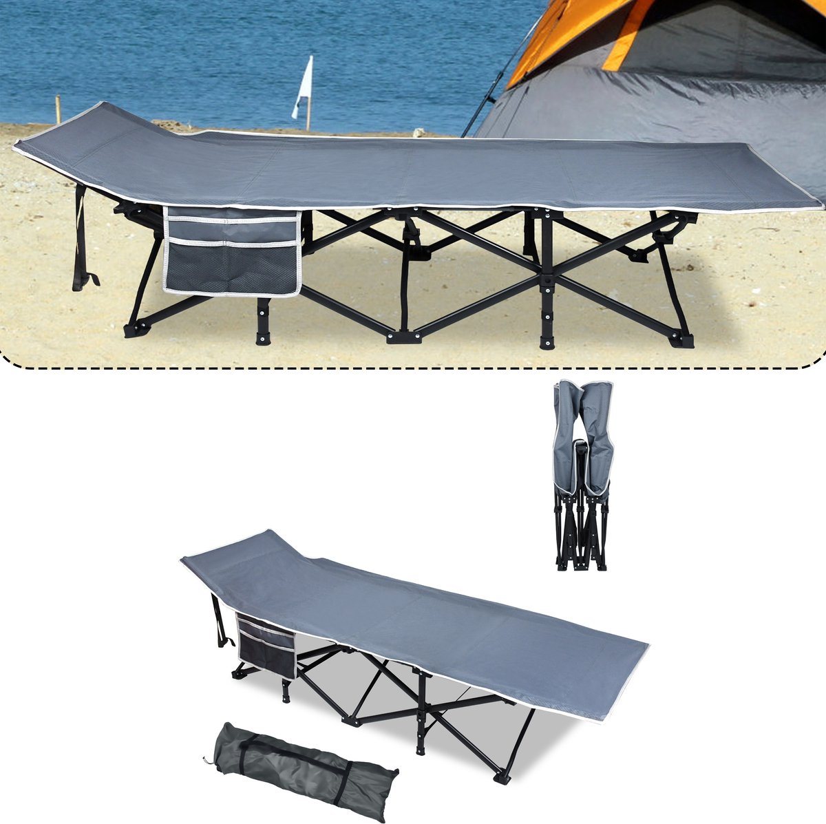 Aufun Vouwbed Camping - Klapbaar Feldbed Voor Thuis, Kantoor Of Buiten - Met Zijvak En Draagtas - Max. 250 kg - Grijs