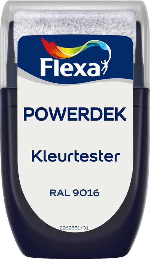 Flexa Powerdek Kleurtester RAL 9016 verkeerswit met aanwijzingen.