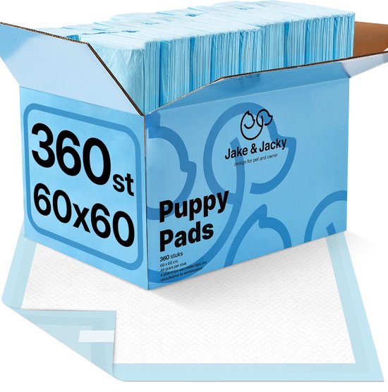 Een openstaande kartonnen doos met blauwe puppy pads en een puppy pad met plakstrip die eruit steekt.