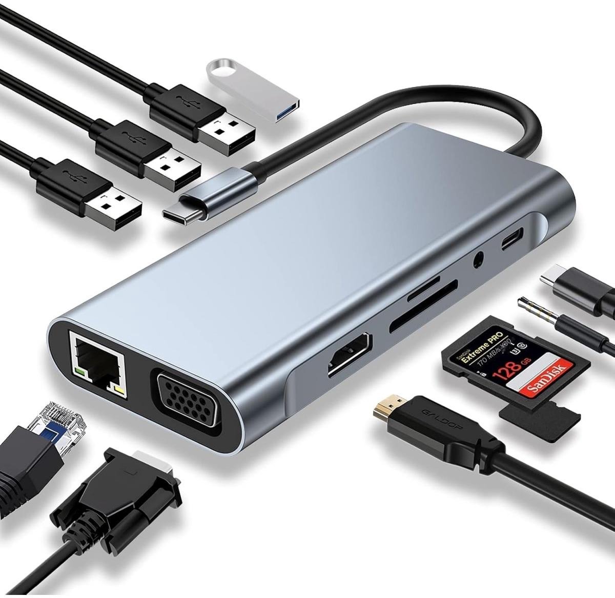 GELLDG Dock - 11-in-1 USB-C-adapter - USB-C-hub - Uitgerust met 4K HDMI-, VGA- en USB 3.0-poorten, Type-C PD-poort, Ethernet RJ45-poort, SD/TF-kaartlezer en 3,5 mm AUX-poort - Geschikt voor MacBook Pro, Air en andere Type-C-apparaten