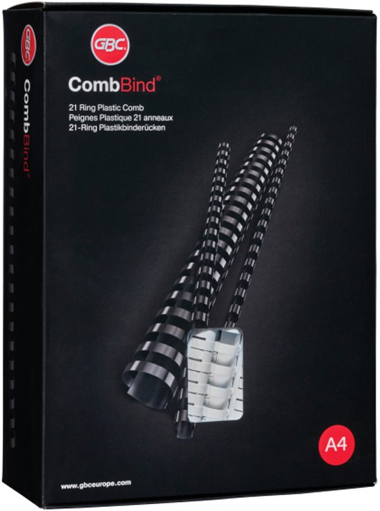 Zwarte GBC CombBind plastic bindringen met 21 ringen in de maat A4.