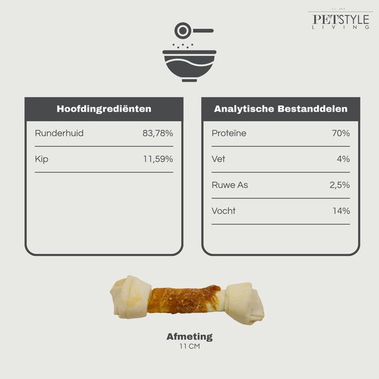 Kauwbot van 11 cm met kip, met ingrediënten en analyseverdeling.