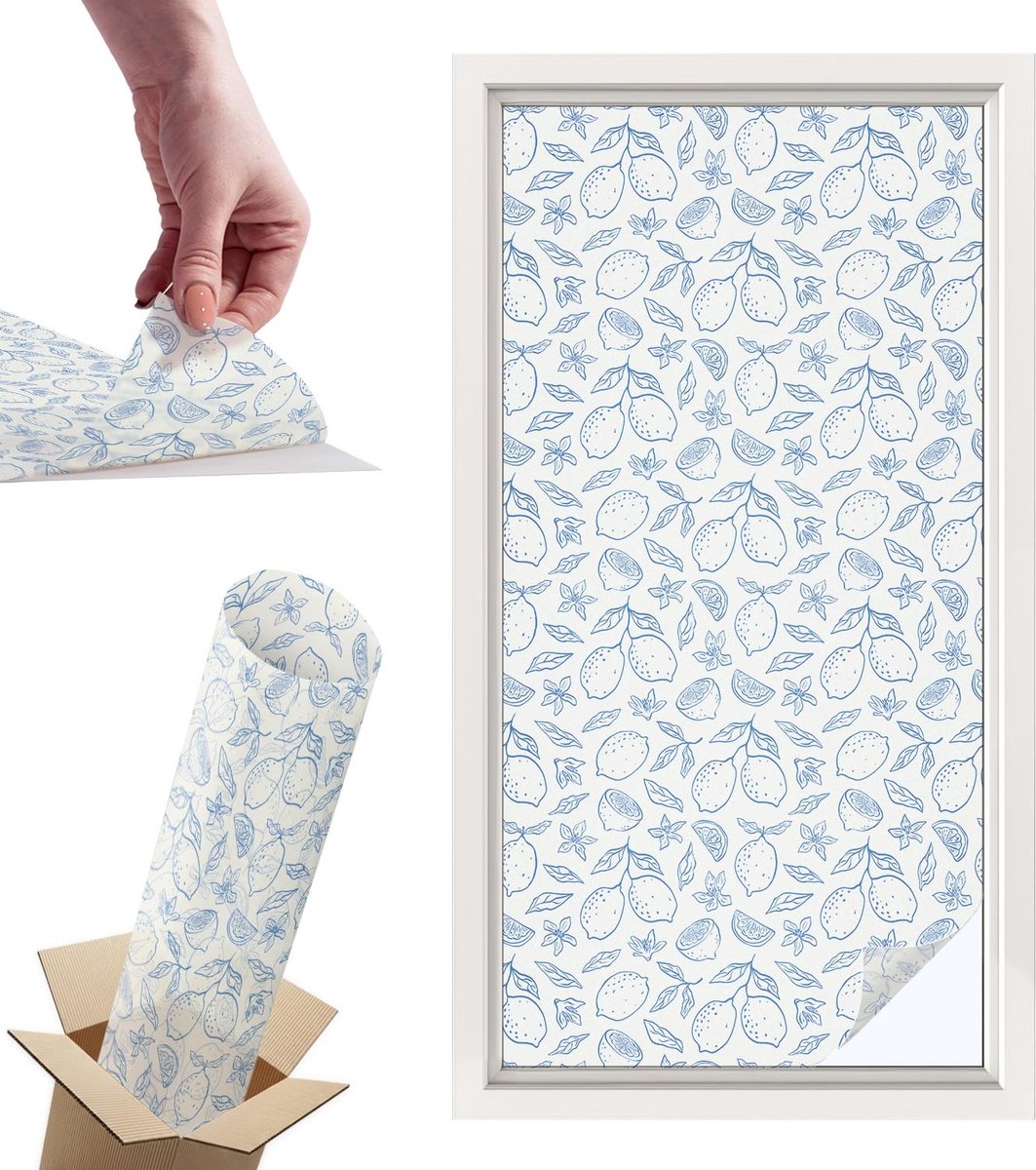 Tulup Raamfolie Anti inkijk - Citroenpatroon Privacy Folie Raam - 50x100 cm - Wit Anti inkijk Folie - Raamfolie Tegen inkijk Glas in Lood - Voor de keuken, het kantoor en de hal. - Raamfolie Zonwering