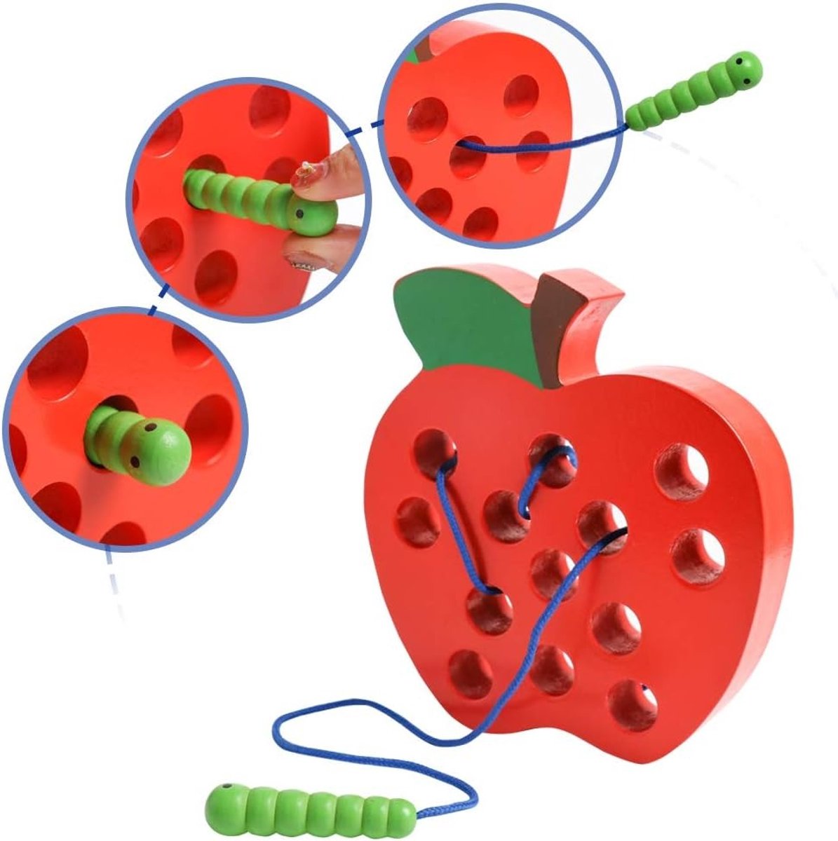 Houten veterspel met appelmotief, houten veterblokjes, puzzelvormpjes, reisspelletje, speelgoed voor het ontwikkelen van de fijne motoriek, educatief cadeau voor peuters, baby's en kinderen van 3, 4 en 5 jaar.