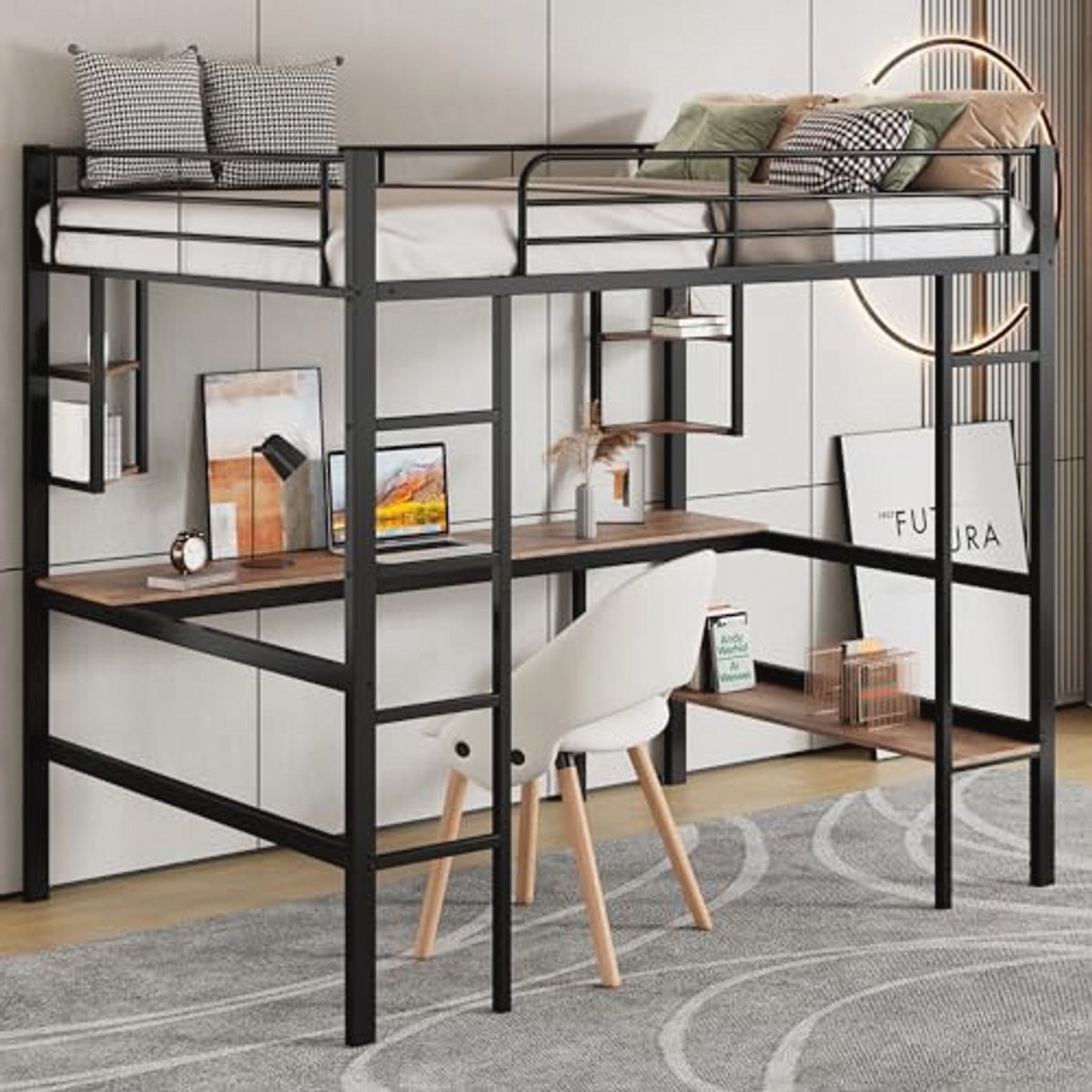 Metalen Hoogslaper met Bureau en Boekenkast - 90 x 200 cm