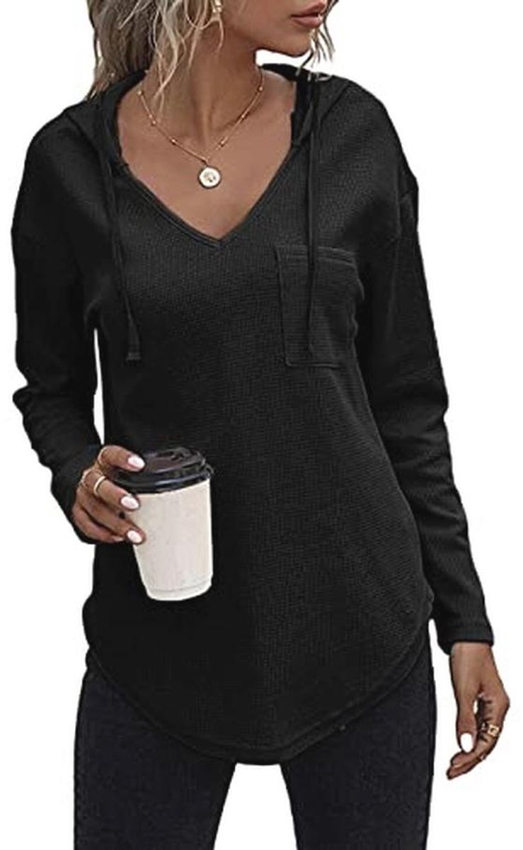 Dames Hoodie met V-hals en Lange Mouwen - Casual Sweatshirt met Trekkoord