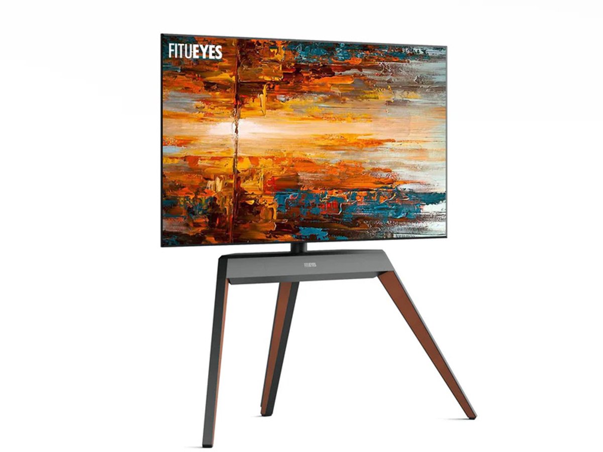 FITUEYES tv standaard Picasso Serie Bodem ‑ tv standaard voet – 55–78″ – Beukenhout & Aluminium – Zwenk ±20° – VESA 200×100‑600×400 – Draagvermogen 45 kg - tv voet