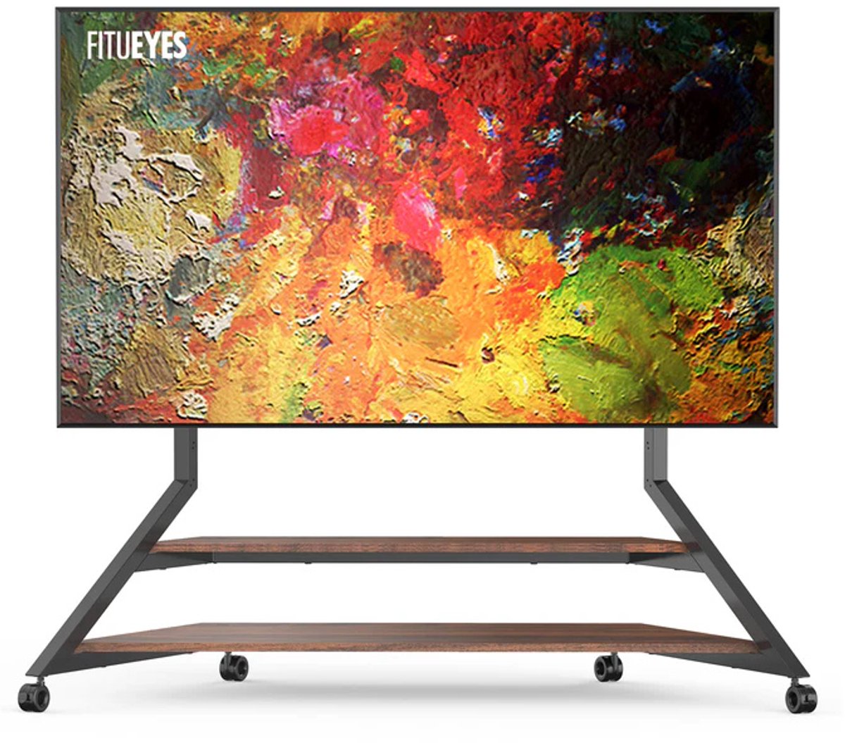 FITUEYES tv standaard Eiffel Serie TV ‑ Standaard op Wielen – 75–100″ - tv voet – Industrieel Staal & Toren‑Design – Hoogte verstelbaar – VESA 100‑800 – Draagkracht 85 kg - tv standaard voet