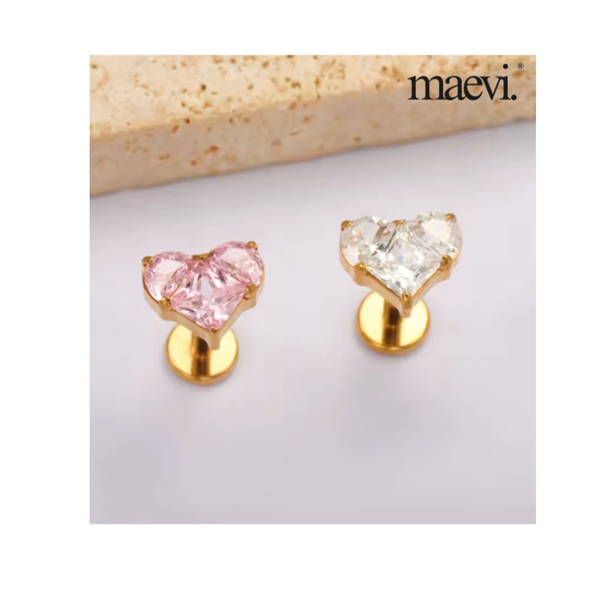 Maevi® Piercing voor Oor - Kleur: Goud & Roze - Hartje / Hart / Heart - Formaat: 12 x 6 MM - Titanium - Tragus / Kraakbeen / Helix / Conch - Oorpiercing - Piercing Sieraad - Hoge Kwaliteit - Labret Piercing - Luxe Sieraad - Oorbellen