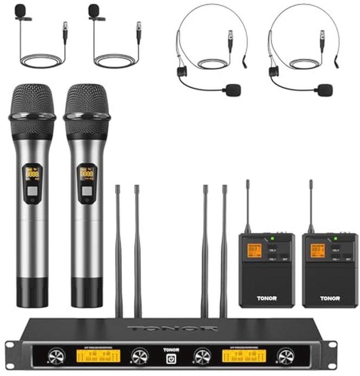 Draadloze UHF Microfoon Set met Handheld, Headset en Lavalier Mics - Ideaal voor Karaoke en Evenementen