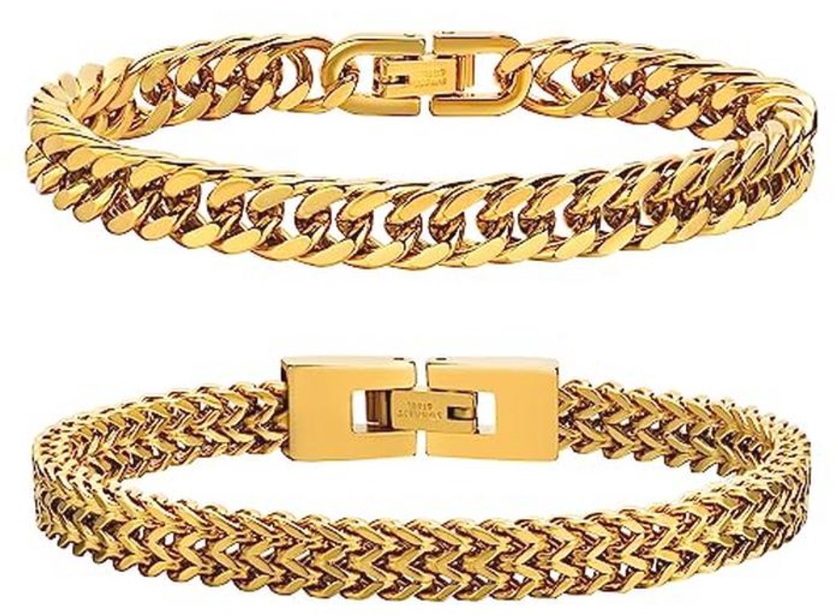 Cuban Link Armband voor Heren - Robuuste Roestvrijstalen Dubbele Franco Schakelarmband - 2 Stuks in Zwart, Goud of Zilver